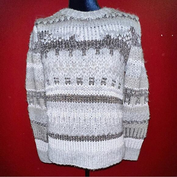 Michael Kors Womens Gray Sweater Shimmer Stripe Chunky Long Sleeve Sz Medium - Picture 1 of 9